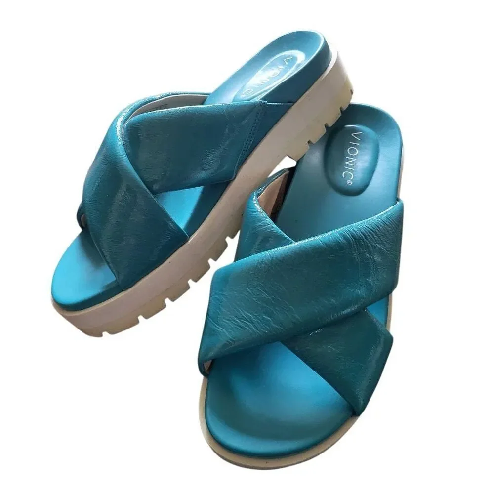 Vionic Sandals Women's 8 Turquoise Blue Vest Patent Leather Slide Platform